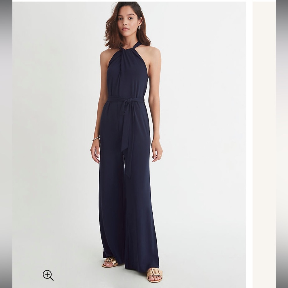 NWT Ann Taylor Matte Jersey Belted Halter Jumpsuit, Navy, size small